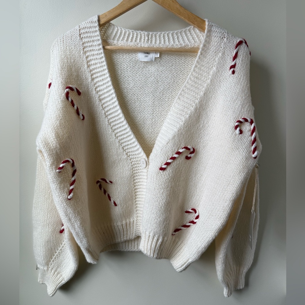 NWT LUNA IVY Candy Cane Cardigan Sweater Cottagecore Novelty Festive Whimsical S